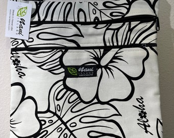 Hawaii Crossbody bags,Cotton canvas,Cross body bag with pockets,Shoulder bags,Hawaiian print,Made in Hawaii,Monstera,Summer,MC909 Cream