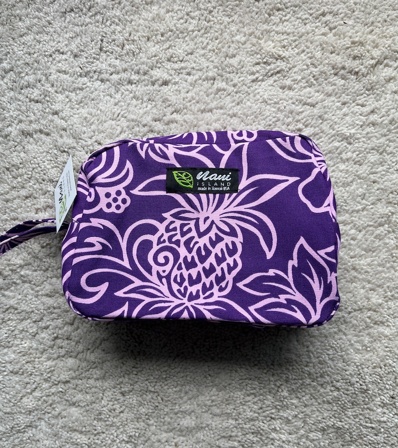 Women's Cosmetic bag with zipper/cotton canvas/Pouch/Purse/Accessory bag/Hawaiian Print/made in Hawaii/Monstera/Pineapple/Summer/MC006 Pineapple Purple