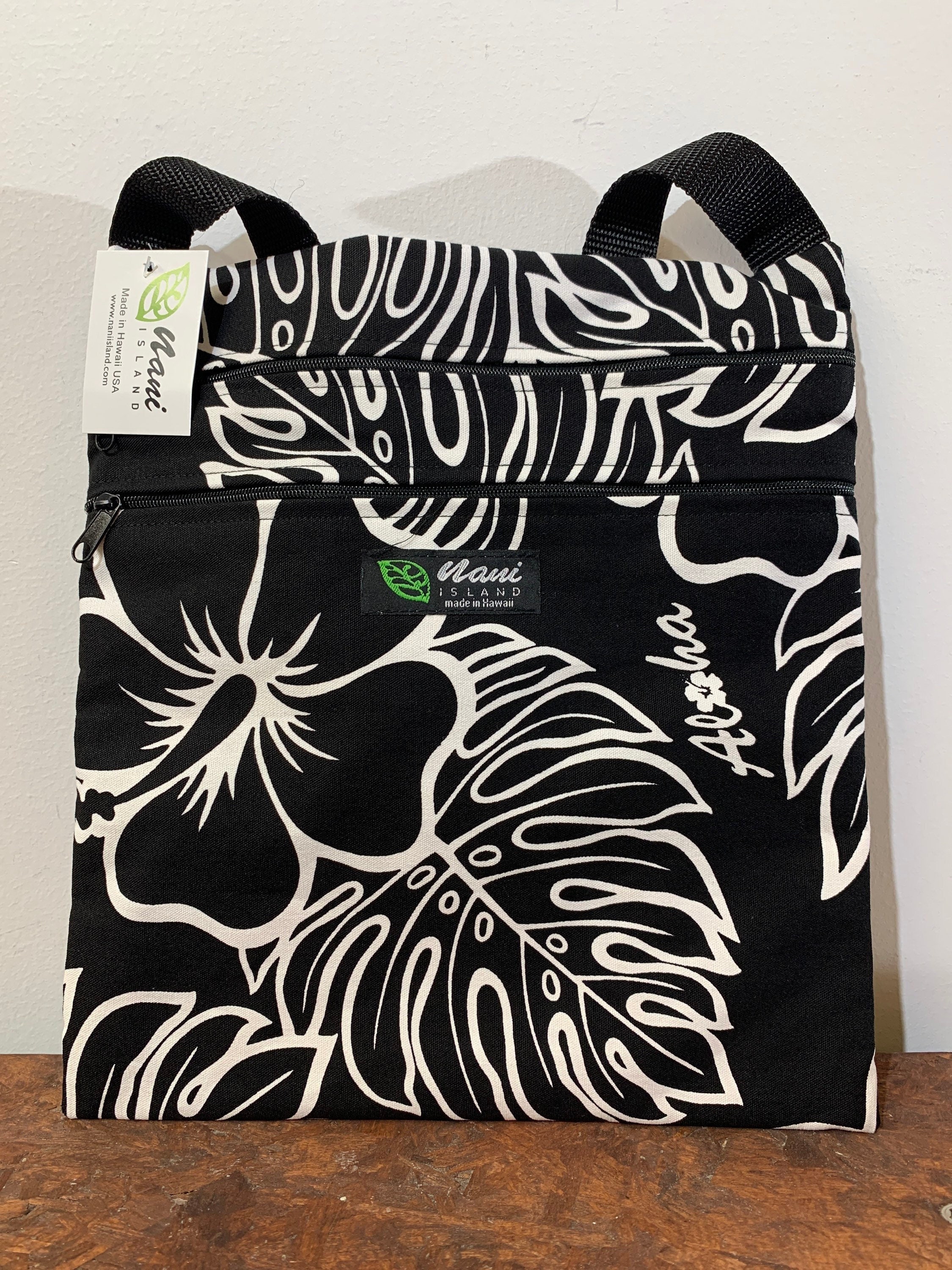 Hawaii Crossbody bags,Cotton canvas,Cross body bag with pockets,Shoulder bags,Made in Hawaii,Purse,Monstera,Summer,MC909 Black