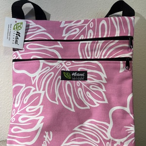 Hawaii Umhängetasche mit Tasche, Baumwollcanvas, Schultertasche, Hawaiianischer Druck, Made in Hawaii, Monstera Design, Summer, 909 Pink