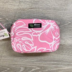 Women's Cosmetic bag with zipper/cotton canvas/Pouch/Purse/Accessory bag/Hawaiian Print/made in Hawaii/Monstera/Pineapple/Summer/MC006 Monstera Pink