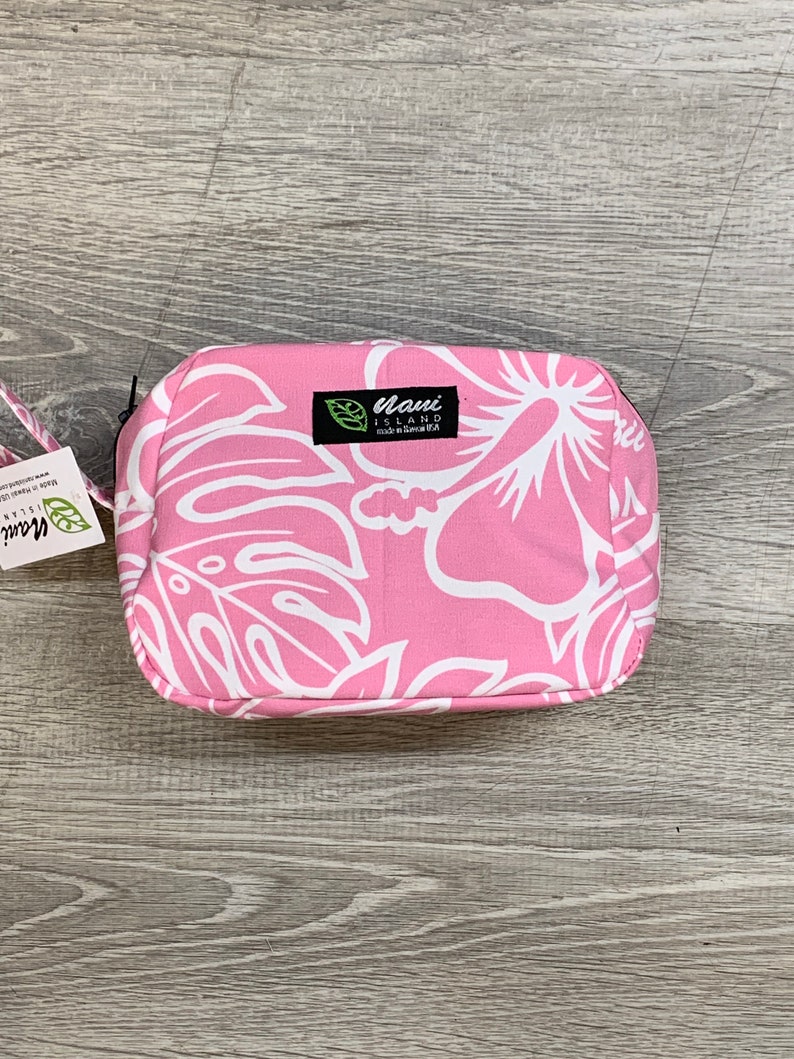 Women's Cosmetic bag with zipper/cotton canvas/Pouch/Purse/Accessory bag/Hawaiian Print/made in Hawaii/Monstera/Pineapple/Summer/MC006 Monstera Pink