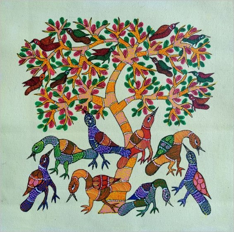 Hand made Gond Painting Gond Art on Canvas with Tree of Life Etsy