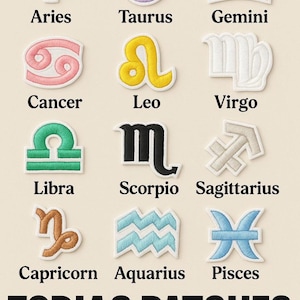 Op de afbeelding: Geborduurde strijkpatches met de twaalf sterrenbeeldtekens. Elke patch toont een uniek symbool en naam in verschillende kleuren, waaronder rood, paars, oranje, roze, geel, wit, groen, zwart en blauw. De tekst "ZODIAC PATCHES" is ook zichtbaar.