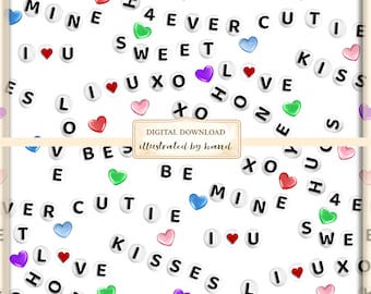 Valentine Letter Bead Seamless Pattern – Love, Kisses Digital Paper (PNG/JPG Download)