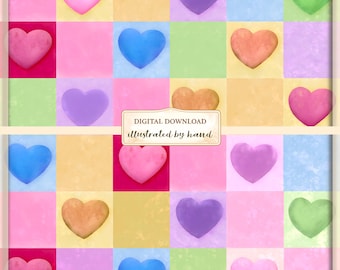 Colorful Watercolor Heart Seamless Pattern – Retro Valentine Hearts – Digital Download – Scrapbook Fabric Sublimation Background