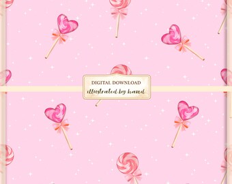 Pink Lollipop Seamless Pattern – Valentine Candy Hearts – Coquette Pastel Digital Paper – Sublimation Fabric Design