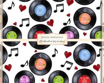 Valentine Sublimation Seamless Pattern – Retro Vinyl Records Love Songs – Music Valentine Digital Paper