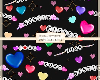 Friendship Bracelet Seamless Pattern – Letter Beads Hearts – Love Hugs Kisses – Digital Paper PNG