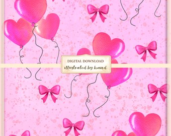 Valentine Heart Balloon Seamless Pattern – Pink Bows  Hearts – Romantic Digital Paper – Sublimation & Fabric Design