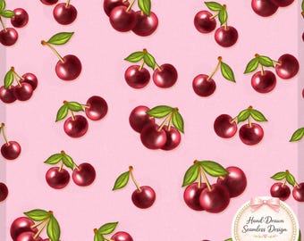 Seamless Cherry Digital Pattern, Red Fruit Repeat on Pink Background