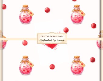Watercolor Love Potion Bottle Seamless Pattern – Valentine's Day Digital PNG