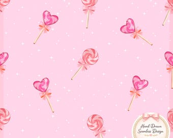 Pink Lollipop Seamless Pattern – Valentine Candy Hearts – Coquette Pastel Digital Paper – Sublimation Fabric Design