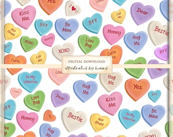 Candy Hearts Seamless Pattern – Valentine's Day Digital Paper (12x12 PNG)