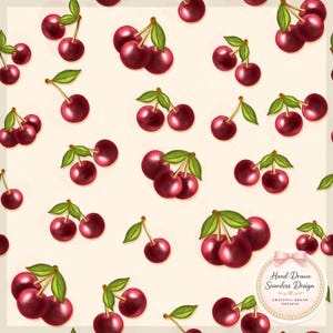 May include: Seamless pattern featuring clusters of ripe, red cherries with green leaves on a cream background. The hand-drawn design includes a variety of cherry arrangements, creating a repeating pattern. A circular logo with text is in the bottom right corner.