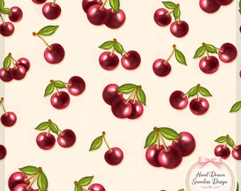 Cherry Seamless Pattern – Red Cherries on Cream Background – Fruit Repeat Digital Download