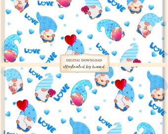 Blue Valentine Gnome Seamless Pattern – Heart Balloons Digital Paper (Digital Download)