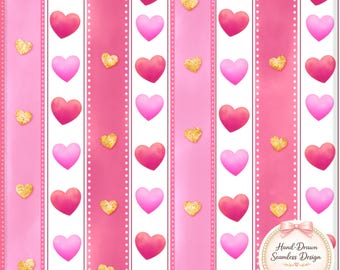 Seamless Pink Heart Stripe Digital Paper, Watercolor Valentine Pattern Download