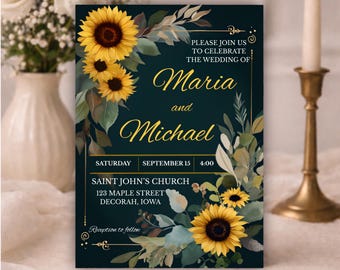 Editable Sunflower Watercolor Floral Wedding Invitation – 5x7 Canva Template, Printable Elegant Invite, Instant Download