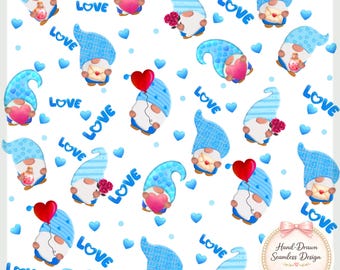 Blue Valentine Gnome Seamless Pattern – Heart Balloons Digital Paper (Digital Download)