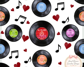 Valentine Sublimation Seamless Pattern – Retro Vinyl Records Love Songs – Music Valentine Digital Paper