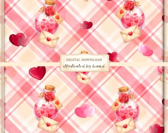 Love Potion Valentine Seamless Pattern – Pink Watercolor Plaid (Digital Download)