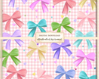 Pink Gingham Pastel Bows and Hearts Seamless Pattern – Valentine's Day Digital Paper (12x12 PNG)
