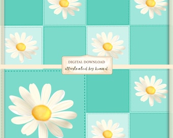 Soft Daisy Patchwork Seamless Pattern – Hand Illustrated Floral Squares