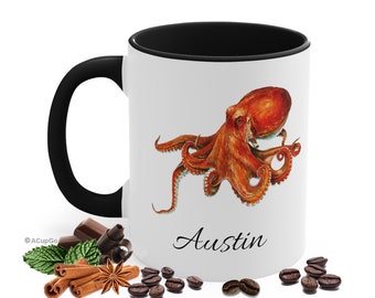 Octopus Coffee Cup, Sea Animals, Select 11oz Ceramic Mug Color, Personalized Name