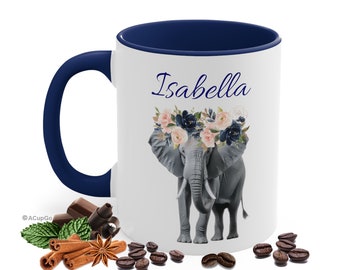 Elephant Coffee Cup, Select 11oz Ceramic Mug Color, Personalized Name