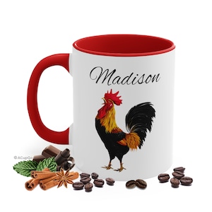 Rooster Coffee Cup, Select 11oz Ceramic Mug Color, Personalized Name