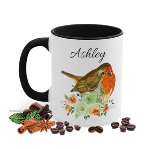 Robin Coffee Cup, Bird Gift, Select 11oz Ceramic Mug Color, Personalized Name