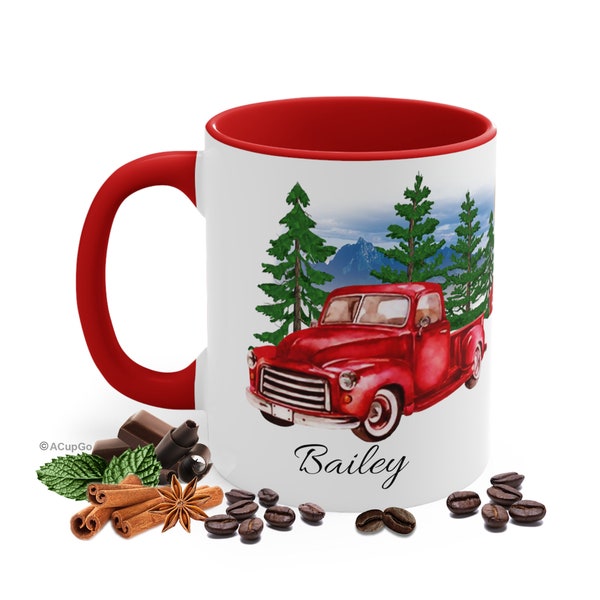 Red Pickup Truck Coffee Cup, Select 11oz Ceramic Mug Color, Personalized Name
