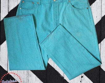 Waist: 34 inches* Vintage Mint Green Levi’s XX, button flap, Custom Tapered, Made in Mexico