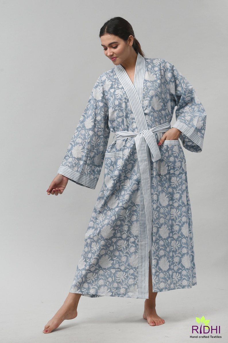 Airforce Blue and White Kimono Block Print Vacation Look | Etsy