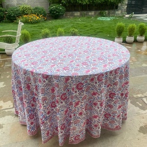 Pigeon Blue and Flamingo Pink Round Tablecloth, Indian Had Block Floral Printed Table Cover Wedding Events Home Party Console Bar Table Gift