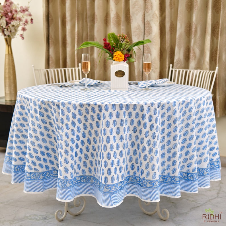 Round Tablecloth, Indian Floral Hand Block Printed Table Cover, Table Linen, Dining Table Decor for Wedding Home, 60, 90, 110, 120, 132 image 1