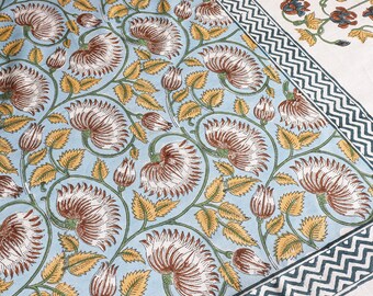 Carolina Blue, Goldenrod Yellow Indian Hand Block Floral Printed Cotton Tablecloth with Border All Around, Housewarming Gift, Easter Gift