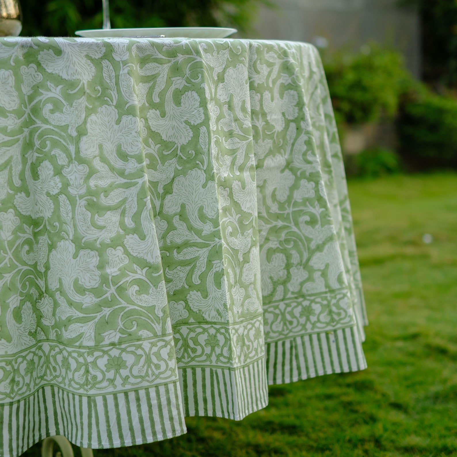 Sage Green Round Tablecloth India Block Print Floral Cotton Etsy