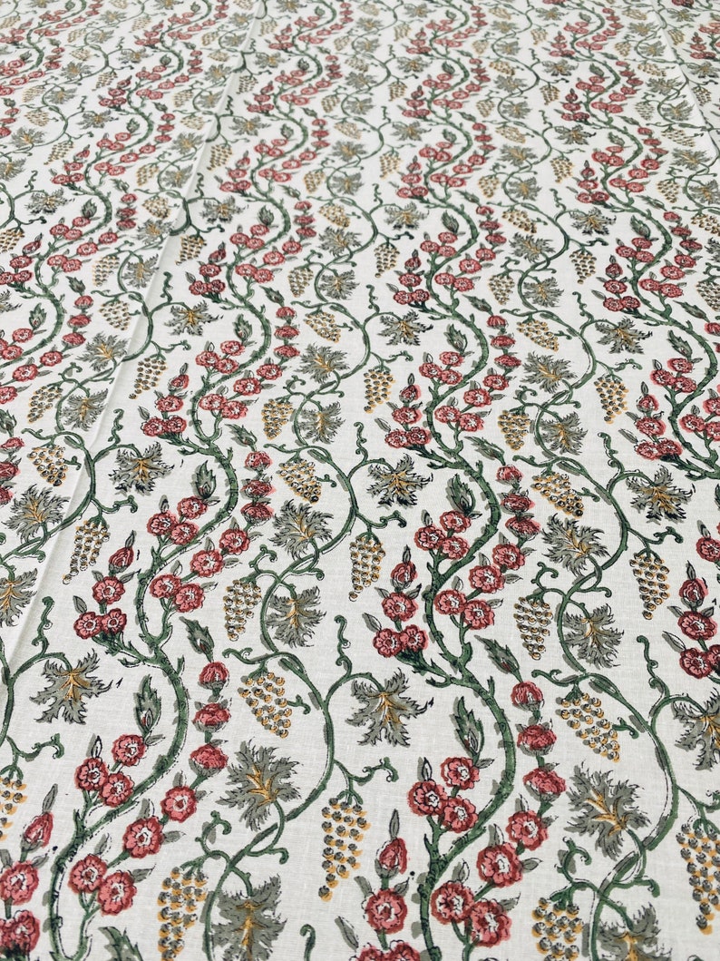 Coral Pink, Hunter Green Indian Hand Block Floral Printed Tablecloth, Cotton Cloth Table Cover And Linen Set, Wedding Farmhouse Party Home image 7