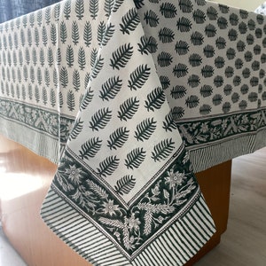 Juniper Green and White Indian Leaf Print Design Hand Block Printed Tablecloth, Table Cover, Linen Set for Farmhouse and Wedding Decor Gifts