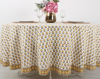 Vintage Yellow Drip Flower Round Tablecloth, Indian Floral Hand Block Printed Cotton Cloth Table cover, Party Wedding Farmhouse Home Events