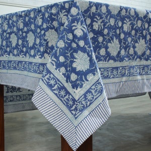 Prussian Blue and White Floral Border Design Hand Block Print Tablecloth Table Cover Linen Set for Wedding Events Home Farmhouse Party Gifts