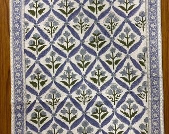 Light Steel Blue, Olive Green Indian Floral Hand Block Printed 100% Pure Cotton Cloth Table Runner, Fire Place Runner, Mantle Runner, Gifts