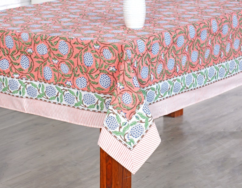 Dark Salmon Pink, Sage Green, Delft Blue Indian Hand Block Printed Tablecloth, Table Cover, Linen Set, Farmhouse Decor, Wedding Tablecloth image 4
