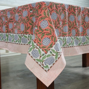 Dark Salmon Pink, Sage Green, Delft Blue Indian Hand Block Printed Tablecloth, Table Cover, Linen Set, Farmhouse Decor, Wedding Tablecloth image 1
