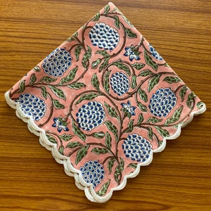 Dark Salmon Pink, Sage Green, Delft Blue Indian Hand Block Floral Printed Cotton Cloth Napkins, Wedding Events, 9x9" Cocktail 20x20" Dinner