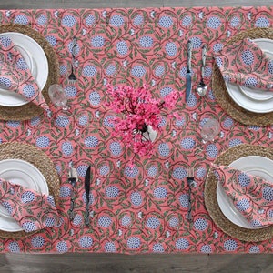 Dark Salmon Pink, Sage Green, Delft Blue Indian Hand Block Printed Tablecloth, Table Cover, Linen Set, Farmhouse Decor, Wedding Tablecloth image 8