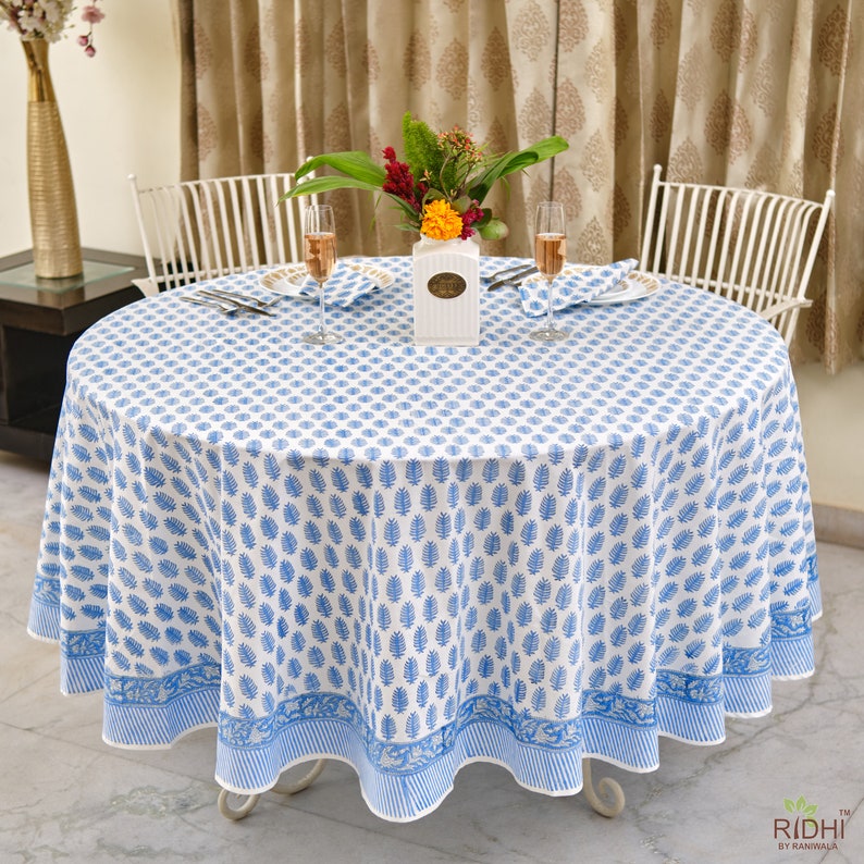 Round Tablecloth, Indian Floral Hand Block Printed Table Cover, Table Linen, Dining Table Decor for Wedding Home, 60, 90, 110, 120, 132 image 2