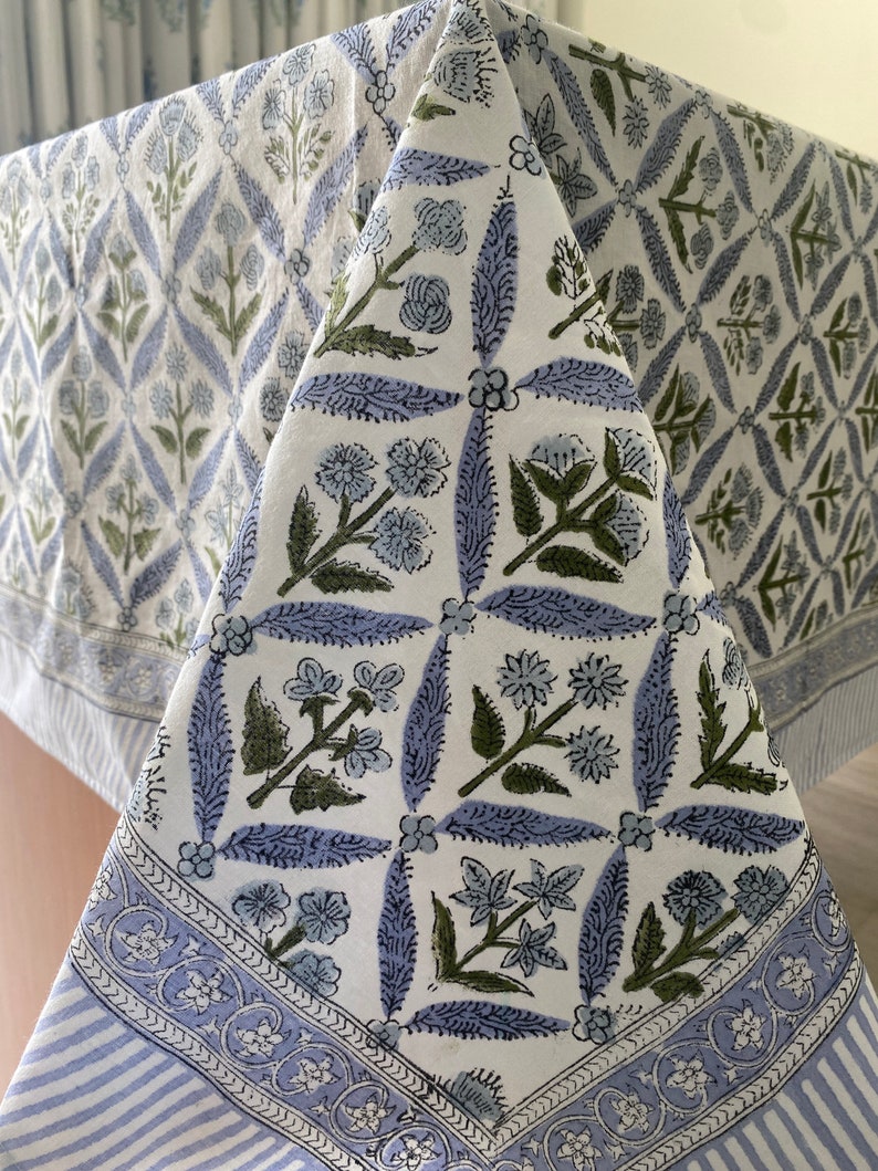 Light Steel Blue, Olive Green Hand Block Printed Cotton Tablecloth, Dining Table Cover Farmhouse Party Wedding Home Housewarming Baby Shower zdjęcie 8